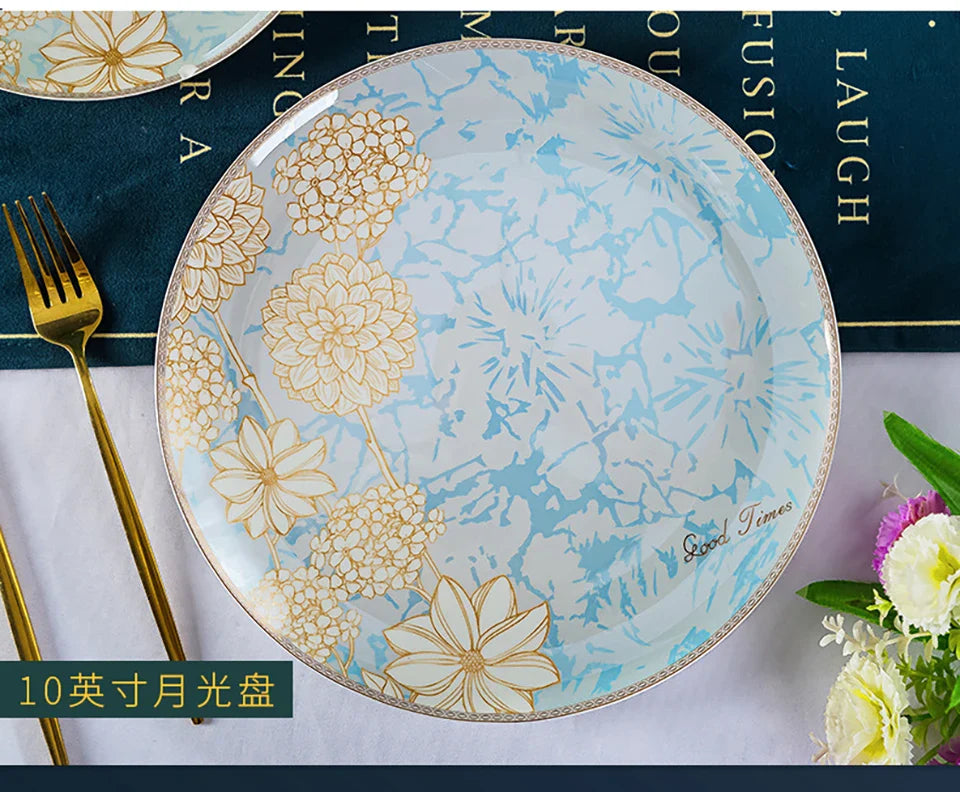 ¡Éxtasis Floral! Juego de Platos Dorados - HOONRA High-Grade Dessert Soup Ceramic Dinner Plate Set
