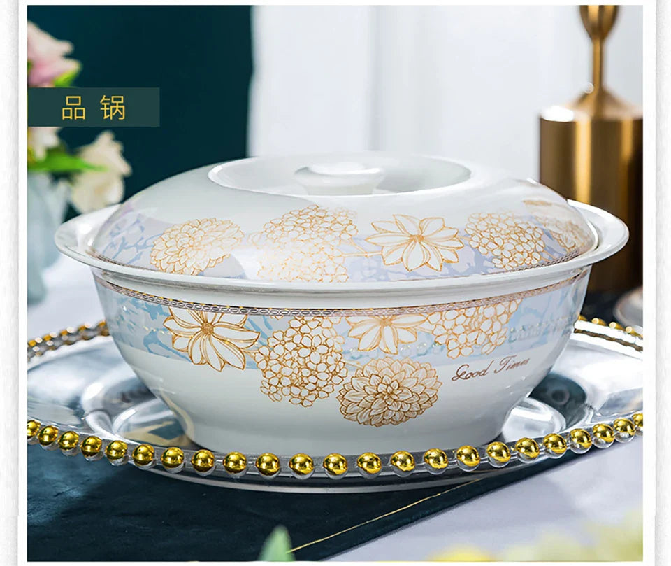¡Éxtasis Floral! Juego de Platos Dorados - HOONRA High-Grade Dessert Soup Ceramic Dinner Plate Set