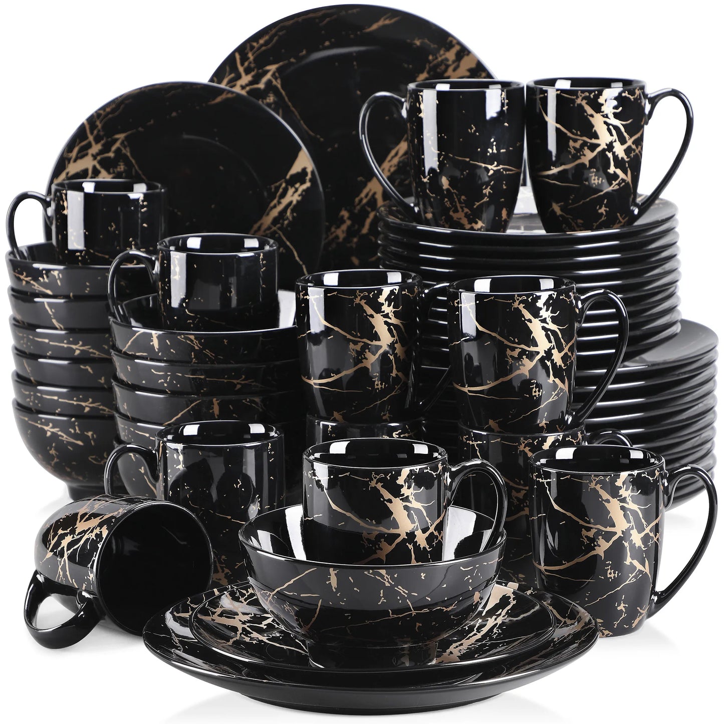 ¡Lujo en Mármol Negro: Complete Tableware Feature! - 48-PCS Black / UNITED KINGDOM - Procelain Dinnerware Set