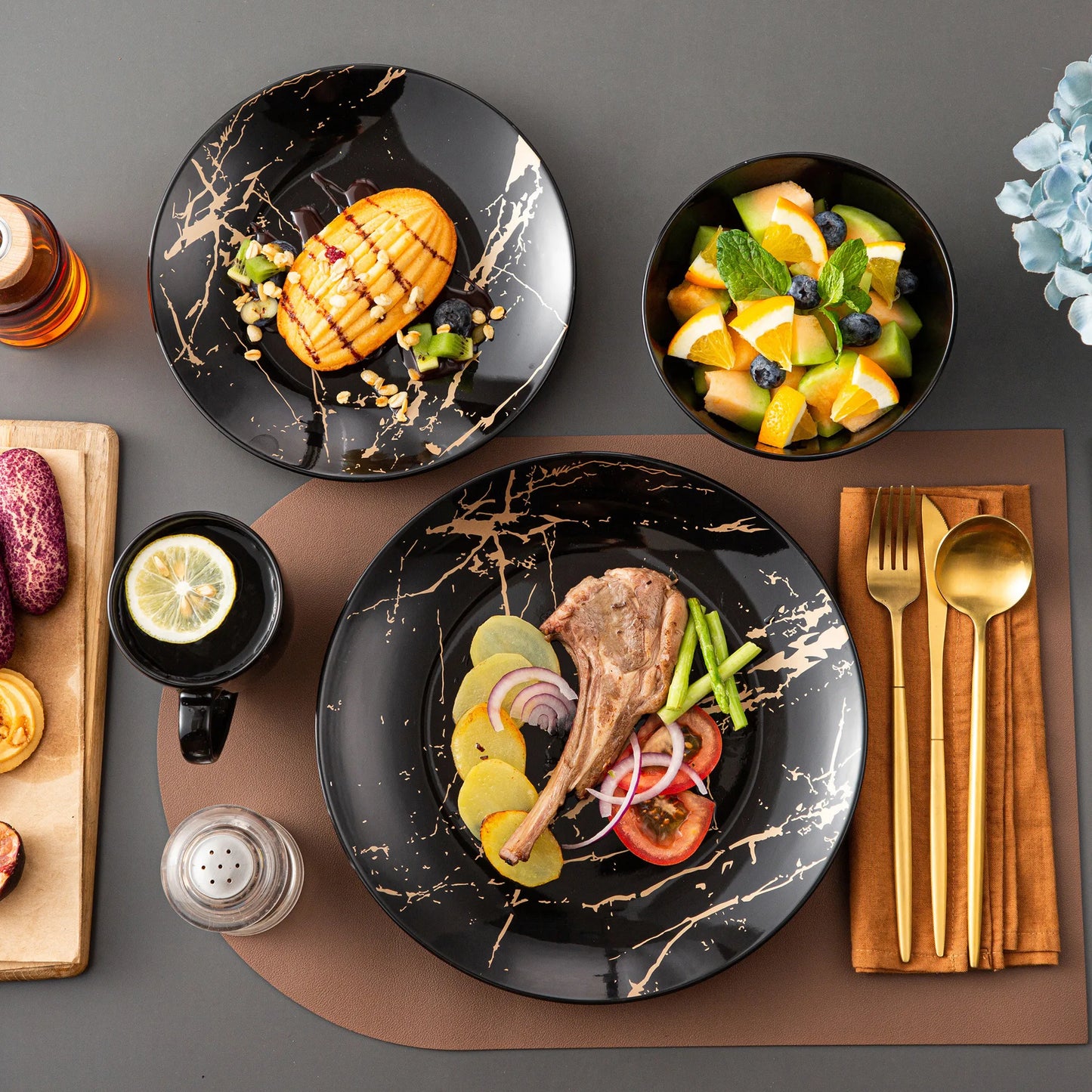 ¡Lujo en Mármol Negro: Complete Tableware Feature! - Procelain Dinnerware Set