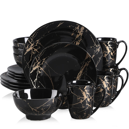 ¡Lujo en Mármol Negro: Complete Tableware Feature! - Procelain Dinnerware Set