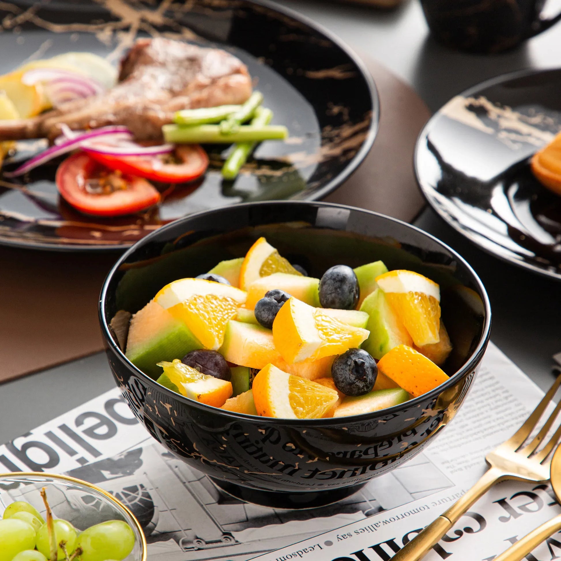 ¡Lujo en Mármol Negro: Complete Tableware Feature! - Procelain Dinnerware Set