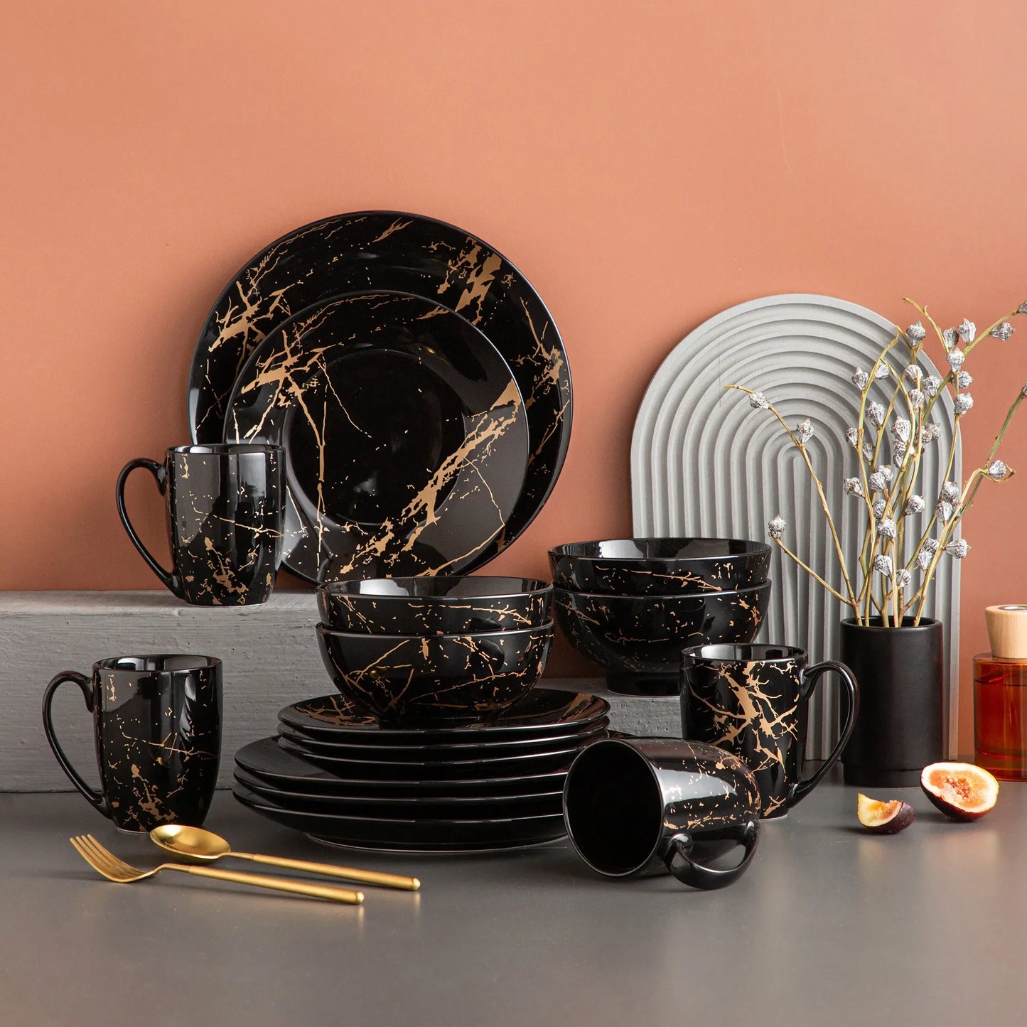 ¡Lujo en Mármol Negro: Complete Tableware Feature! - Procelain Dinnerware Set