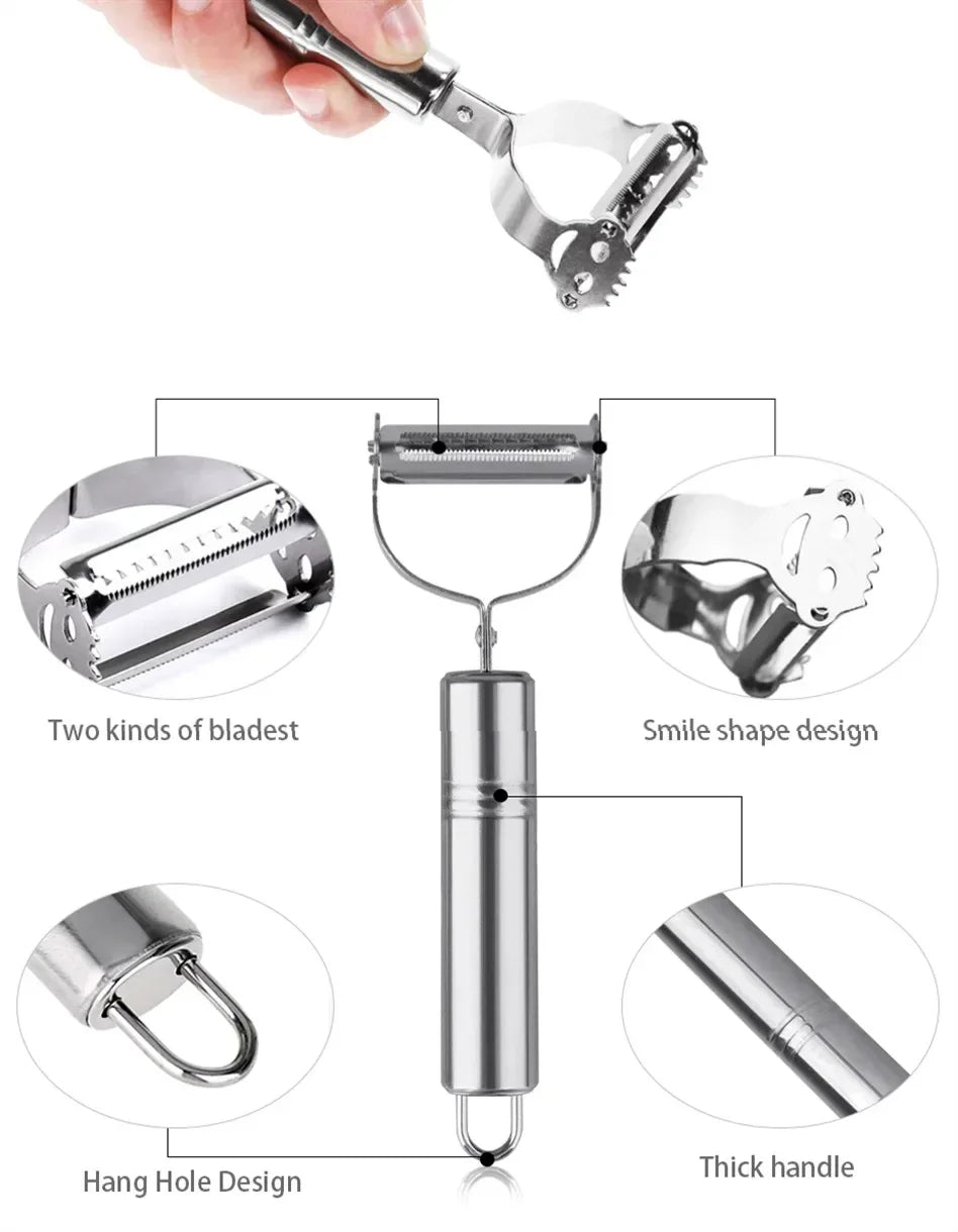Pelador Cheftronics de acero inoxidable con múltiples cuchillas y características útiles
