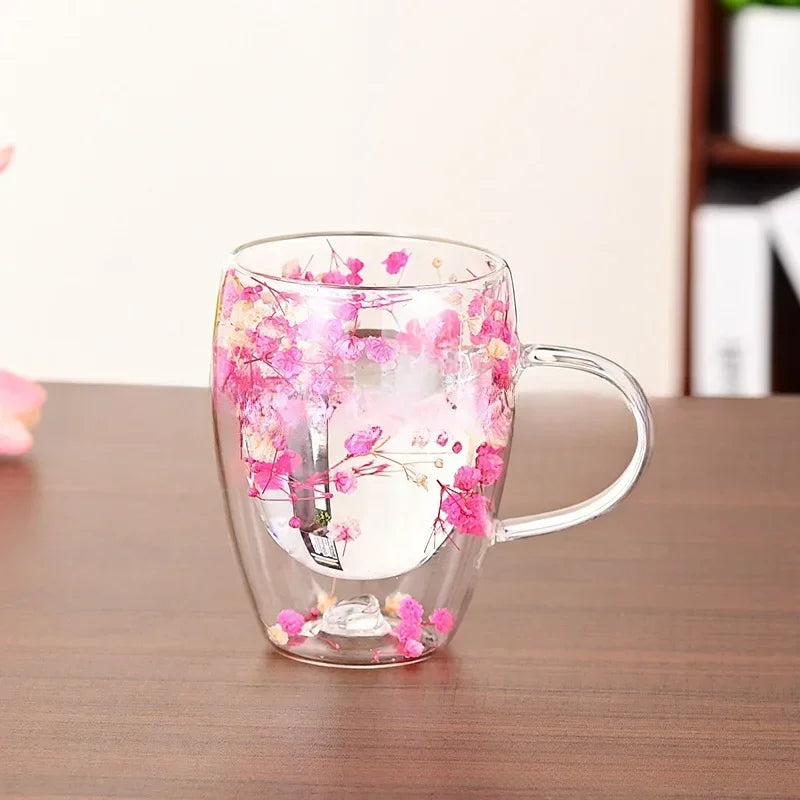 Tazas Florales de Vidrio Borosilicato Extraordinarias - White-pink / 350ml - Glass Mugs
